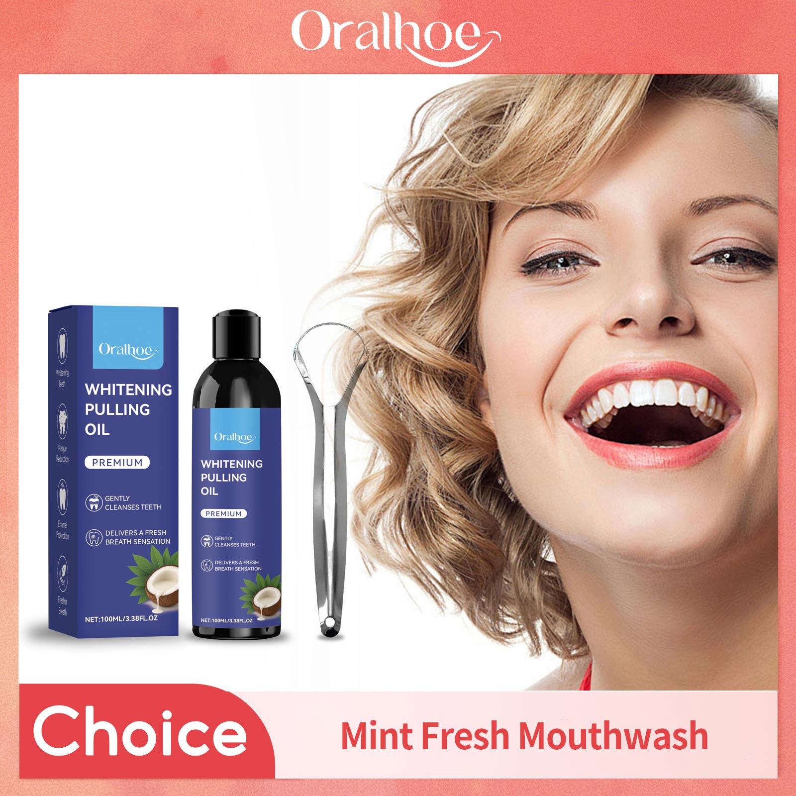 Teeth Whitening Oil Pulling - Coconut Pulling Oil With Tongue Scraper
